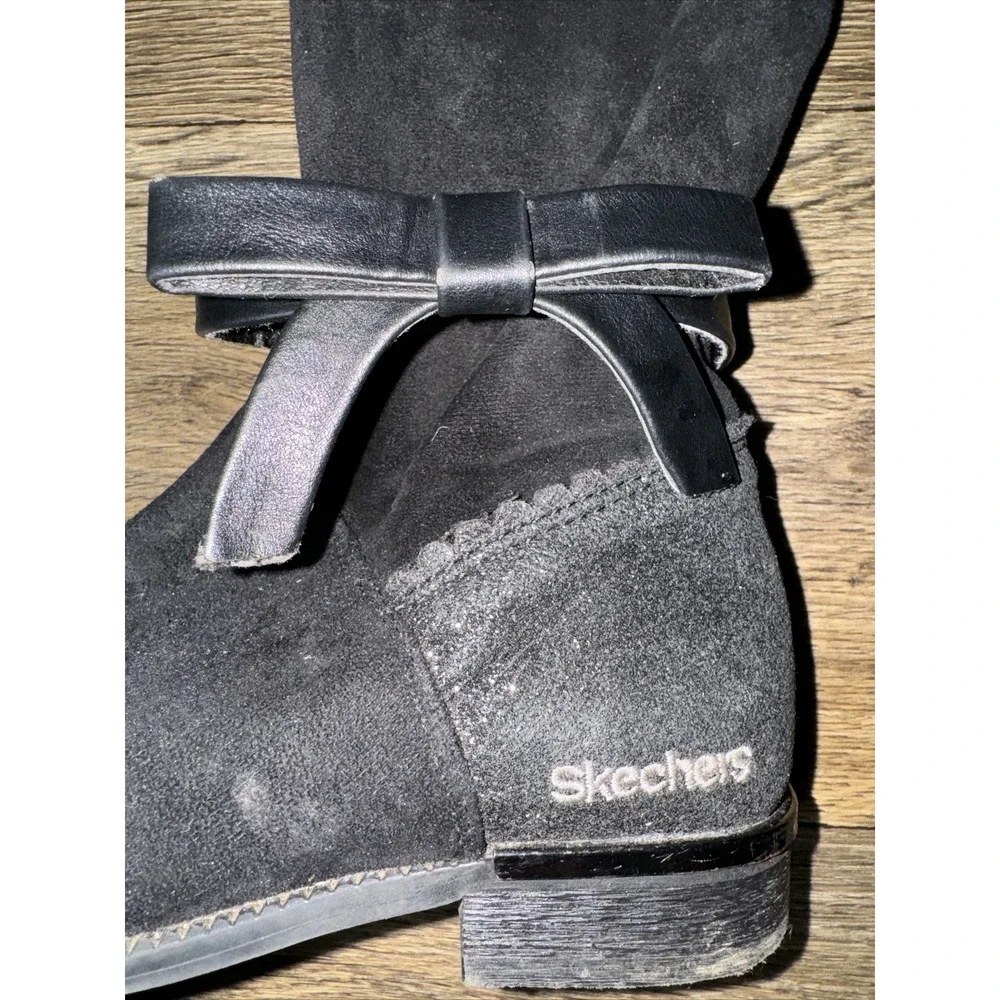 Skechers Boots Glitter Bow Zipper MidCalf Logo  Black Floral Lining Girls Sz 2